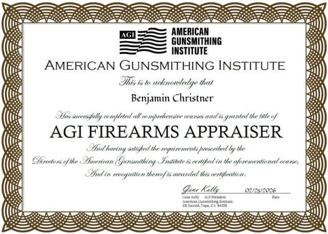Certificate naming Benjamin Christner an AGI Firearms Appraiser, issued by the American Gunsmithing Institute.